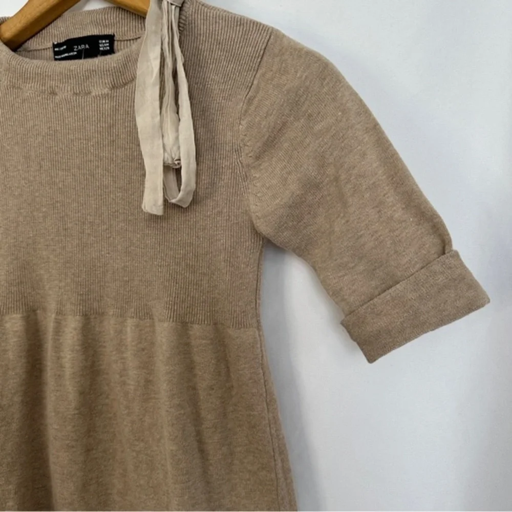 Zara Girls Dress Size Medium 3/4 Sleeve Ribbon Tied Ribbed A-Line Beige‎
